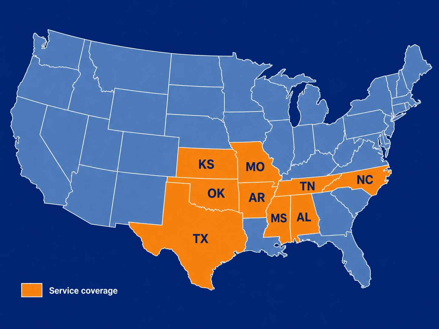 United States service map highlighting Arkansas, Tennessee, Oklahoma, North Carolina, Alabama, Texas, Kansas, Mississippi, and Missouri